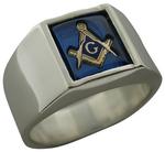 Our #1454-46 designed with smooth sides and a top that accommodates an 8 x 10 mm cushion cut (rectangular) Masonic red, blue, or black stone. A solid ring with our signature squared base shank. Available in sterling silver or in white or yellow gold.