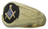 Our #1460-46 oval shaped contemporary Masonic ring with a 10 x 12 mm oval center stone in black, red, or blue with the square & compass and letter G. Sides of the ring feature an inverted compass enclosing a trowel on one side and a plumb on the other.