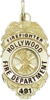 14k yellow gold custom mini-badge jewelry pendant; eagle top badge design of Hollywood Fire Department Firefighter