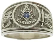 10k white gold Past Master/SRSJ 32nd/Shrine crescent & scimitar ring with U.S. mined Montana blue sapphire center stone