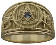 Past Master ring with 32nd degree double headed eagle SRSJ and the crescent & scimitar of the Shrine shown with an optional American Montana mined blue sapphire instead of the Sun (standard)..