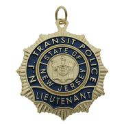 Custom New Jersey Transit Police Lieutenant badge pendant in 10k yellow gold with blue enamel.