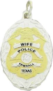 two tone sterling silver with gold plate and round brilliant diamond custom mini-badge jewelry pendant charm; oval, eagle-top badge design of Tomball Police Department; also available as tie tac, lapel pin, cuff links