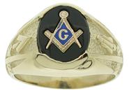 Our #1460-46 oval shaped contemporary Masonic ring with a 10 x 12 mm oval center stone in black, red, or blue with the square & compass and letter G. Sides of the ring feature an inverted compass enclosing a trowel on one side and a plumb on the other.