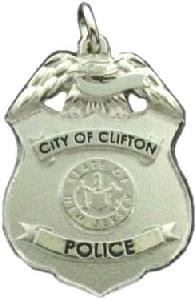 Custom 3D sculpted mini-badge pendant fine jewelry in design of Clifton Police Officer badge, available in sterling silver, 10k or 14k yellow or white gold