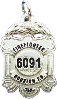 sterling silver custom 3D sculpted mini-badge jewelry pendant, design of Houston Fire Department Firefighter