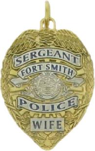 Two tone gold plated sterling silver custom mini-badge jewelry pendant; eagle top badge design of Fort Smith Police Department Sergeant Wife