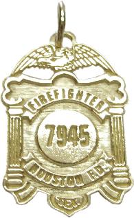 14k white gold mini-badge jewelry pendant; eagle top badge design of Houston Fire Department Firefighter