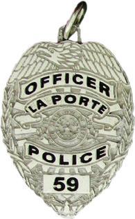 sterling silver custom mini-badge jewelry pendant; eagle top badge design of LaPorte Police Department Officer Wife