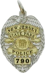 two tone gold plate and sterling silver custom mini-badge jewelry pendant; eagle top badge design of New Jersey State Park Police Officer