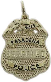 custom 14k yellow gold 3D sculpted mini-badge pendant fine jewelry; Pasadena Police Sergeant badge; available in sterling silver, 10k and 14k yellow or white gold