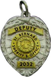 Custom two tone 3D sculpted mini-badge pendant fine jewelry in design of St. Bernard Parish Sheriff's Deputy, available in sterling silver, 10k or 14k yellow or white gold