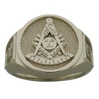 Masonic Past Master ring with plumb & trowel side emblem, shown in 10k white gold