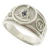 14k white gold Masonic Past Master ring with Scottish Rite 32nd and Knights Templar cross & crown emblems and a genuine blue sapphire center stone.