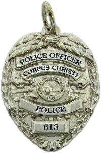 custom 3d sculpted sterling silver, 10k or 14k white gold police mini-badge charm in design of Corpus Christi Police Officer badge