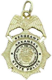 14k yellow gold custom mini-badge jewelry pendant; eagle top badge design of Arkansas State Police Trooper Sergeant