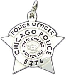 Custom 3D sculpted mini-badge pendant fine jewelry in design of Chicago Police Officer badge, available in sterling silver, 10k or 14k yellow or white gold