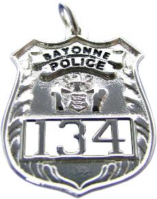 sterling silver custom 3D mini-badge jewelry pendant; design of Bayonne NJ Police Officer, black text, cut out numbers; also available as lapel pin, charm, tie tac, cuff links