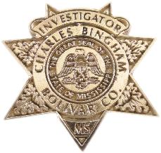 custom mini-badge jewelry lapel pin fine jewelry in design of Bolivar County Prosecutor's Office Investigator 7 point star badge, available in sterling silver, 10k or 14k yellow or white gold