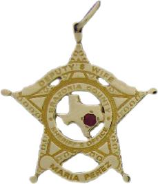 14k yellow gold custom mini-badge jewelry pendant with faceted Ruby; 5 point star badge design of Brazoria County Sheriff; also available as mini-badge tie tac, lapel pin, cuff links