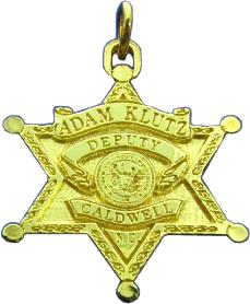 Custom 3D sculpted mini-badge pendant fine jewelry in design of Caldwell County Sheriff's Deputy badge, available in sterling silver, 10k or 14k yellow or white gold