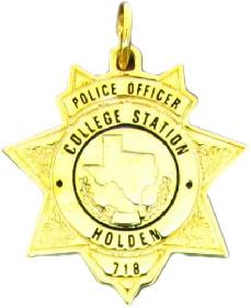 gold plated sterling silver custom seven point star mini-badge jewelry pendant in design of College Station Police Department police officer badge