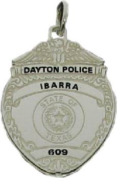 sterling silver custom mini-badge jewelry pendant; eagle top badge design of Dayton Police Department; also available as mini-badge tie tac, lapel pin, or cuff links