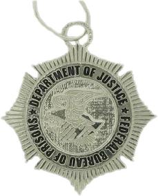 14k white gold custom mini-badge jewelry pendant; round sunburst badge design of Federal Bureau of Prisons; also available as mini-badge tie tac, lapel pin, cuff links