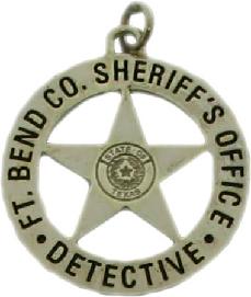 gold plated sterling silver custom mini-badge jewelry pendant; round badge with 5 point five point 5 pt star in center; Fort Bend Ft Bend County Sheriff Detective; also available as mini-badge tie tac, lapel pin, cuff links