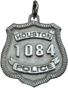 sterling silver custom mini-badge pendant jewelry; design of Houston Police Officer badge; also available in 14k yellow or white gold