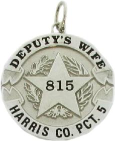 14k white gold custom mini-badge jewelry pendant; round badge with 5 point star, Harris County Precinct 5; also available as mini-badge tie tac, lapel pin, cuff links