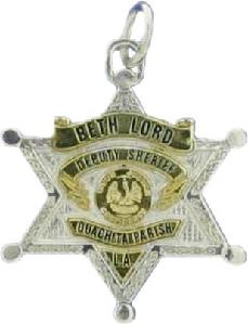 two tone gold plated sterling silver custom mini-badge pendant; six point 6 point 6 pt star design of Ouachita Parish Sheriff; also available as mini-badge tie tac, lapel pin, cuff links