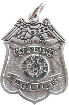 sterling silver custom mini-badge jewelry pendant; eagle top badge design of Pasadena Police Department; also available as mini-badge tie tac, lapel pin, cuff links