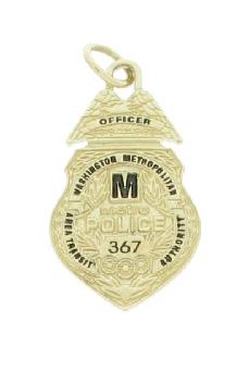 14k yellow gold custom mini-badge jewelry pendant; eagle top design of Washington Metro Police; also available as mini-badge tie tac, lapel pin, cuff links