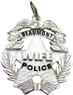 sterling silver custom mini-badge jewelry pendant; eagle top badge design of Beaumont Police Department Officer Wife with 5 point star and wreath; available as tie tac, lapel pin, or custom badge