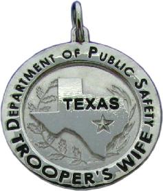 14k white gold custom mini-badge jewelry pendant; round badge design of Texas Department of Public Safety Trooper badge; also available as mini-badge tie tac, lapel pin, cuff links