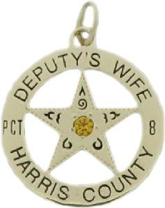 14k yellow gold custom mini-badge jewelry pendant with yellow topaz colored round faceted stone; round badge with 5 point 5 pt five point star center in design of Harris County Constable Precinct 8; also available as mini-badge tie tac, lapel pin, cuff links