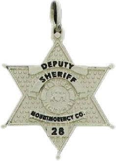 sterling silver custom mini-badge jewelry pendant; six point 6 point 6 pt star badge design of Mountmorency County Sheriff; also available as mini-badge tie tac, lapel pin, cuff links