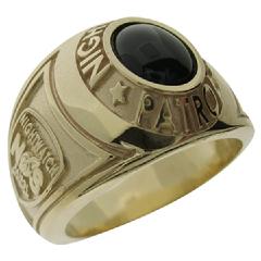 Custom Nightwatch Patrol ring in 10k yellow gold with deep blue cabochon cut center stone.