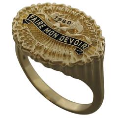 Custom 14k yellow gold St. Catherine's Hospital School of Nursing graduate's ring, Class of 1960. Blue and black enamel highlights.