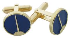 Custom Wordsearch logo cuff links in 14k yellow gold with blue enamel background.