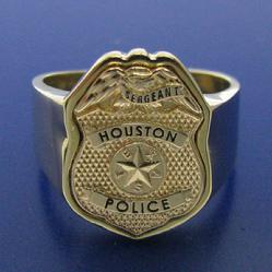 14k yellow gold Houston Police Sergeant badge ring with black text