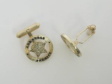 14k yellow gold custom mini-badge jewelry cuff links; round badge design with 5 pt 5 point five point star center for Arkansas Sheriffs' Association; also available as mini-badge tie tac, pendant, lapel pin